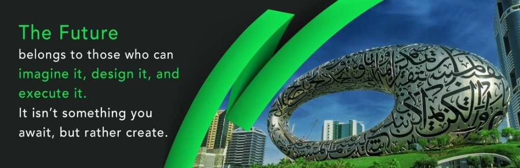 Promotional banner featuring the Museum of the Future and text about imagining, designing, and executing the future.