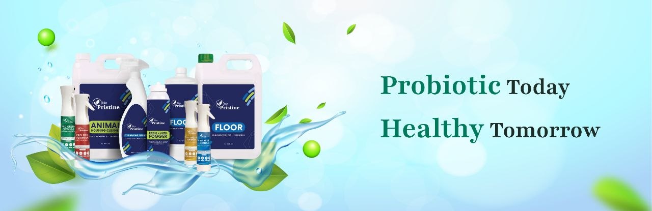 Bio Pristine probiotic cleaning products with water splashes and green leaves on a light blue background.